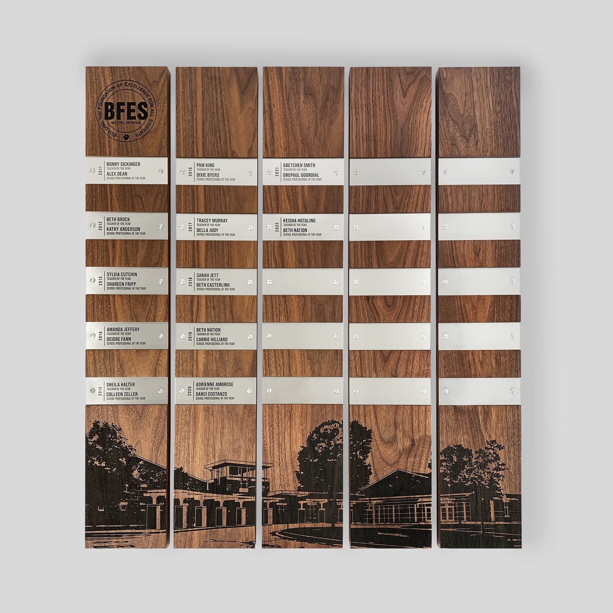 Perpetual Plaques | Walnut: A wooden plaque installation with multiple wood modules, featuring silver metal nameplates and wood image engraving, with custom branding and personalization for honorees. 