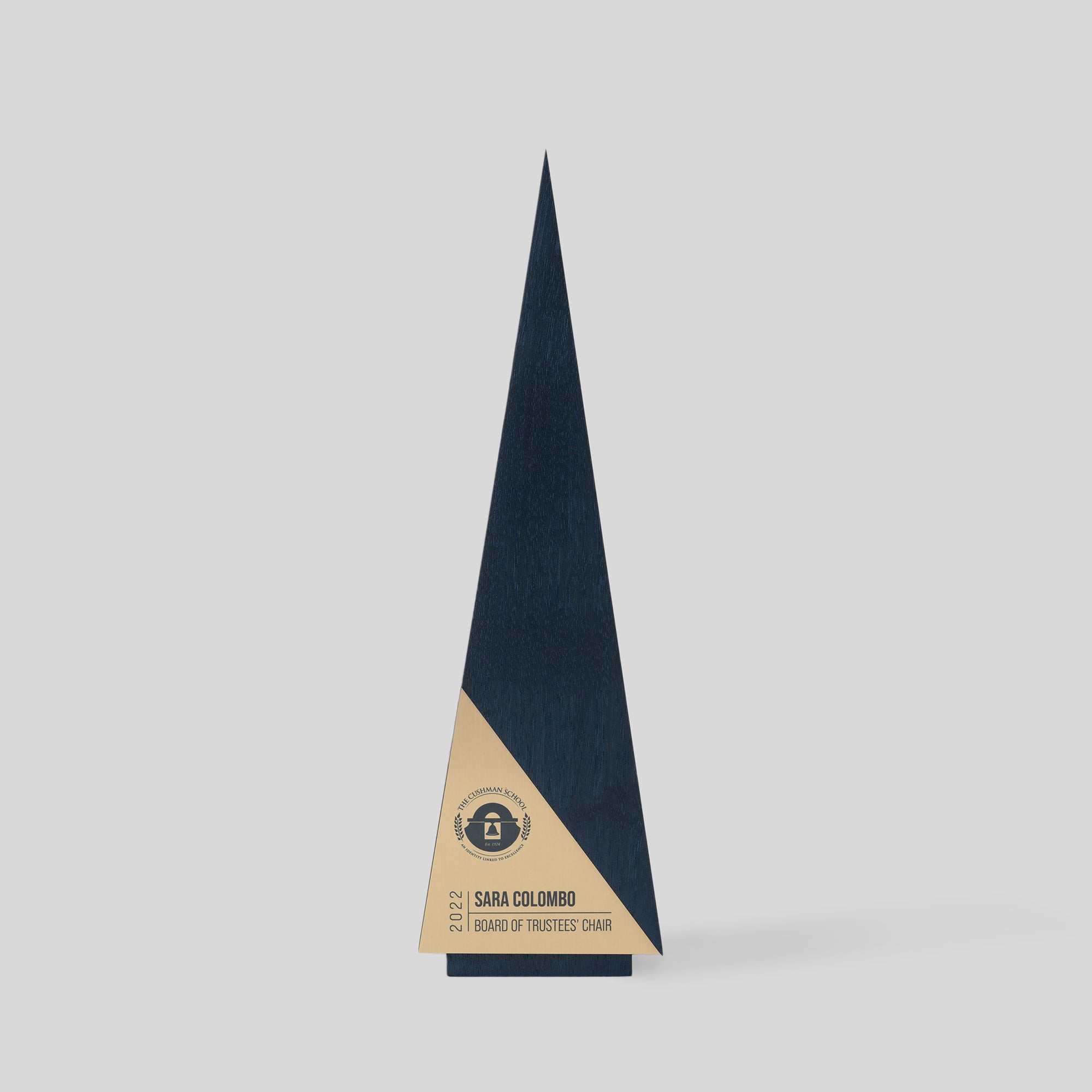 Gracilia A-Line Award | Large, a tall, triangular, wood trophy with a modern design, featuring customizable metal nameplate and wood engravings, ideal for distinguished corporate recognition.