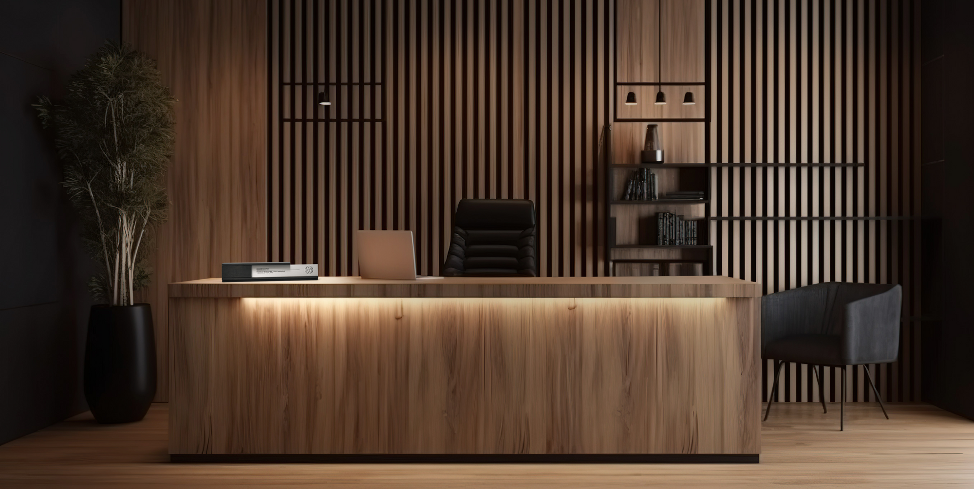 A modern executive office with a wooden desk, a black leather chair, and a sophisticated backdrop of vertical wood paneling. A unique modern executive award sits on the desk, displaying prestige and recognition.