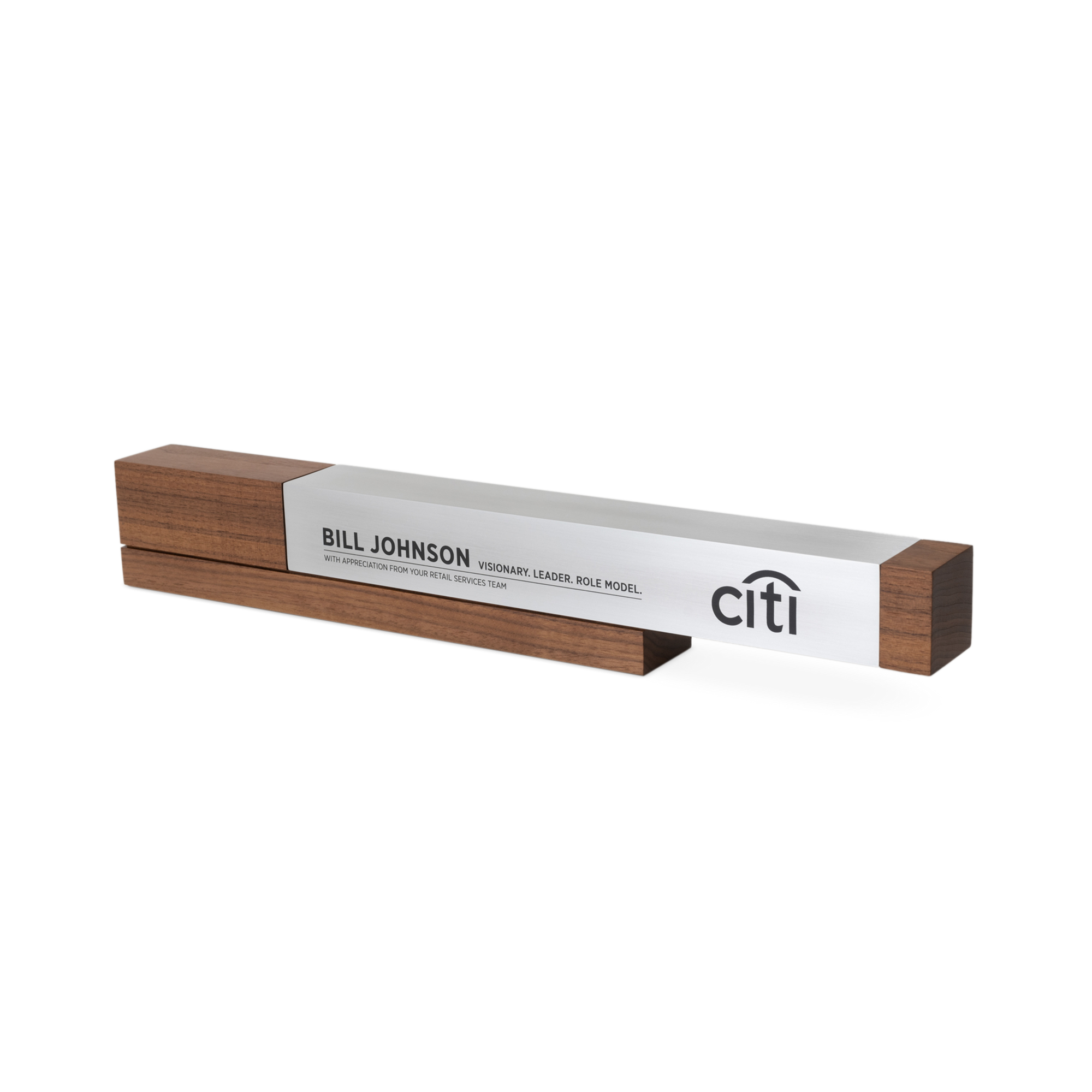 Modern horizontal wood and metal recognition award that is personalized and customized for an executive from CITI Group. 