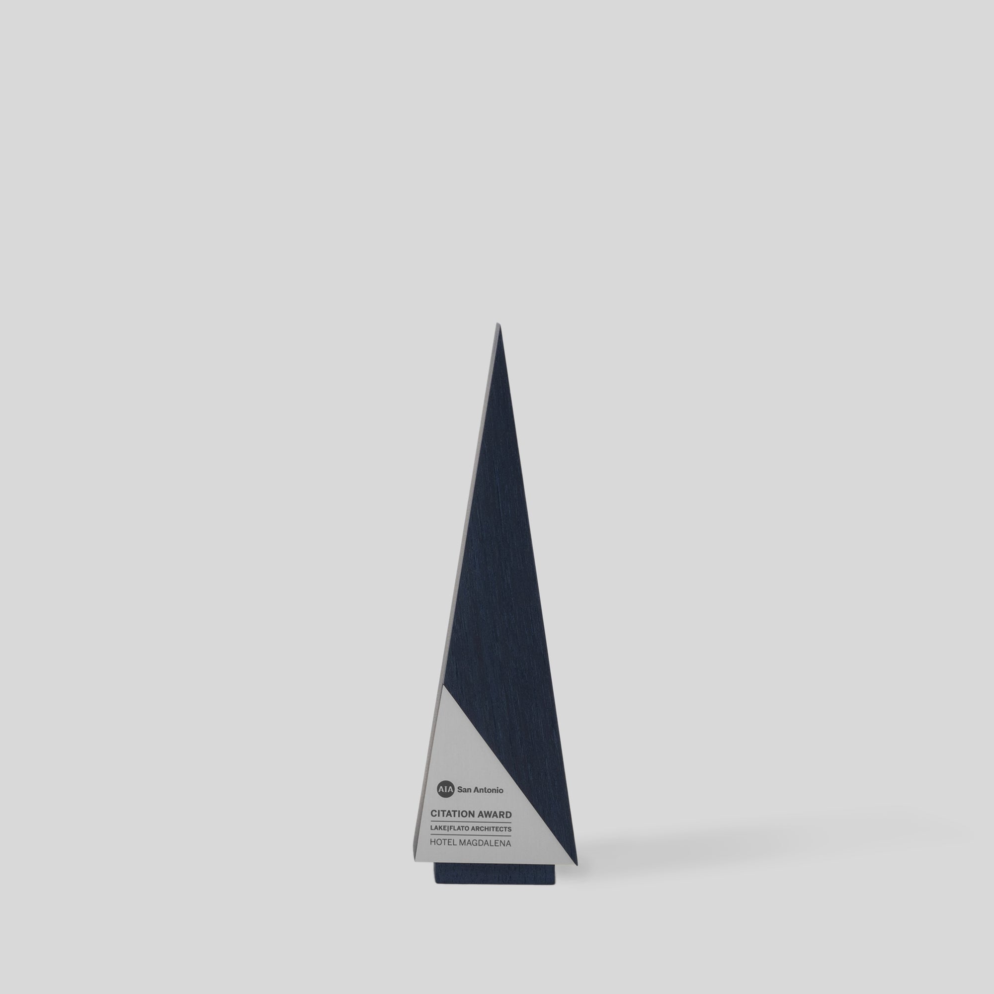 Gracilia A-Line Award | Small, featuring a sleek, triangular, wood trophy design with a customizable nameplate, ideal for corporate and executive recognition. Architect-designed and artisan-crafted in USA.