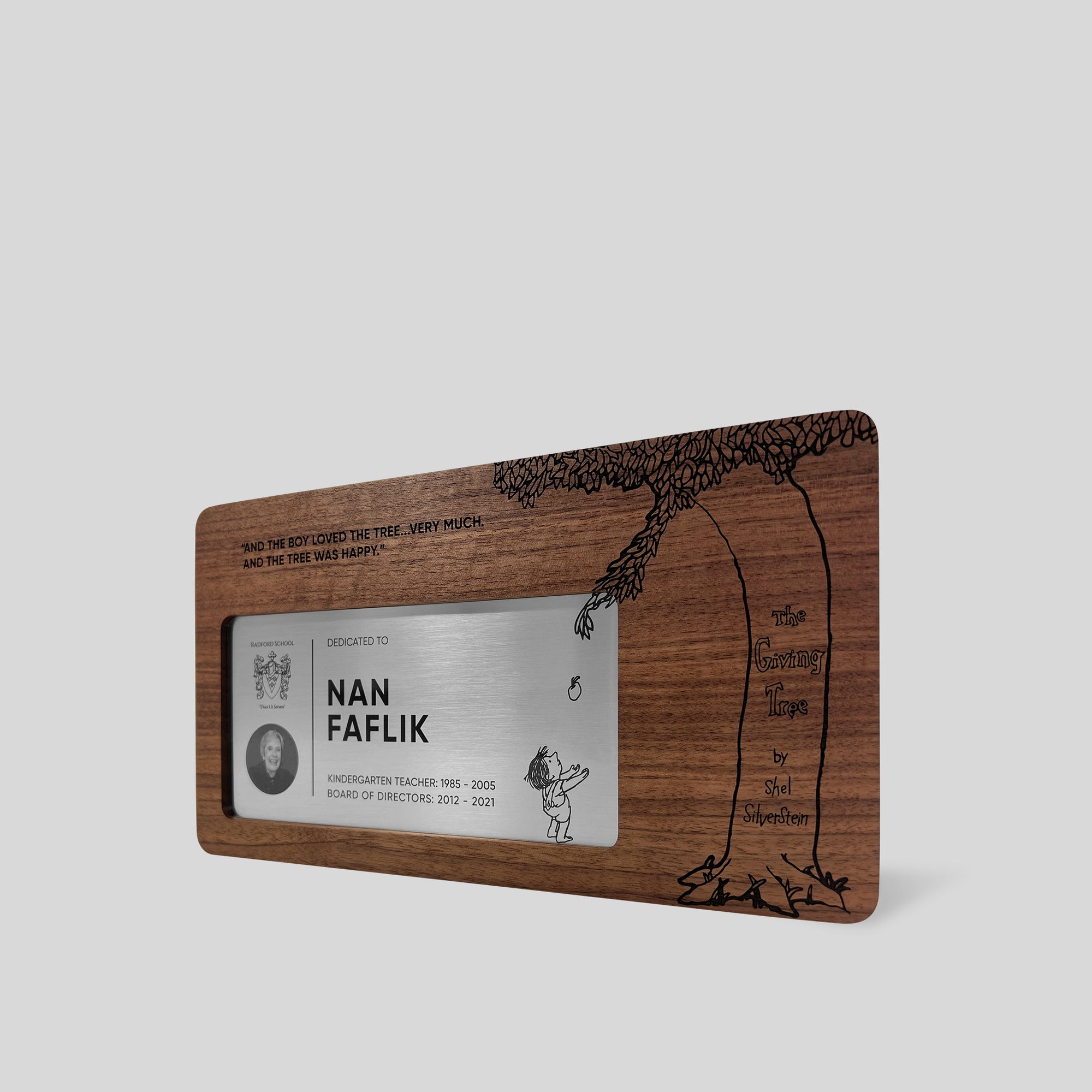 Figura Rectangulo Plaque, wood and metal, modern, elegant, engraved recognition plaque, and offset nameplate, architect-designed and artisan-crafted in the USA. 