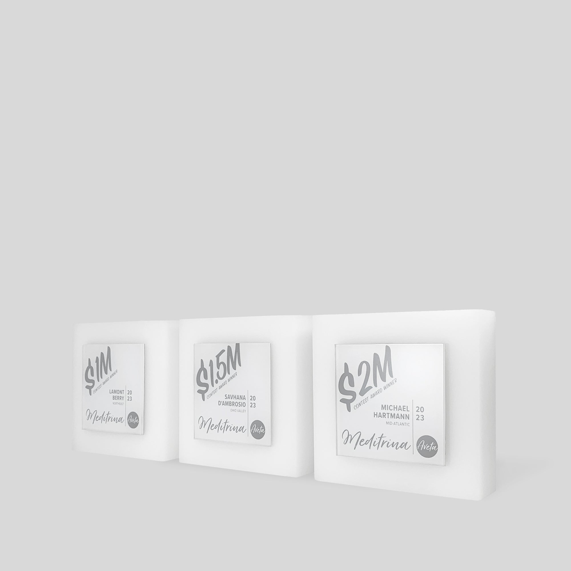 Glacio Award Square featuring a modern, minimalist, square acrylic trophy design with layered satin-white materials, symbolizing balance and clarity, perfect for honoring sales achievements and Million Dollar Club trophies. 