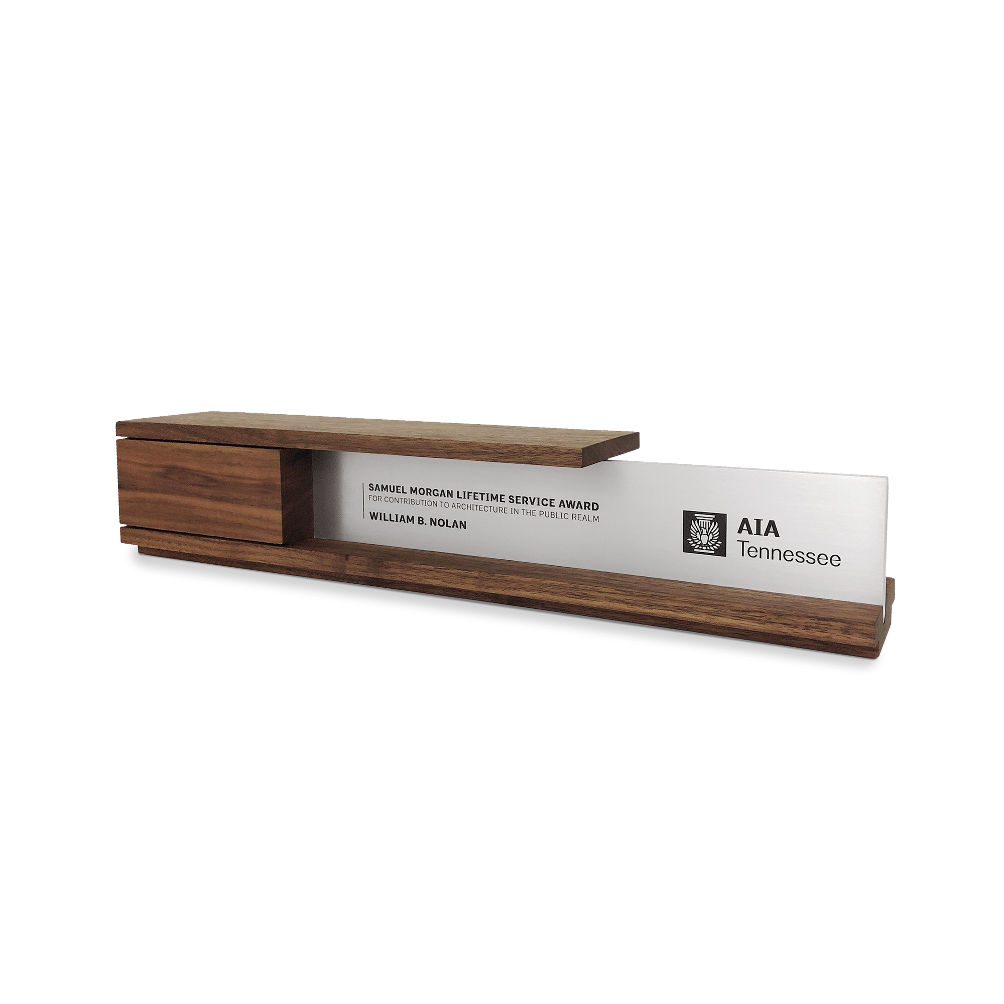 Sophisticated wood and metal recognition award that is engraved and personalized as a Lifetime Service Award for AIA. 