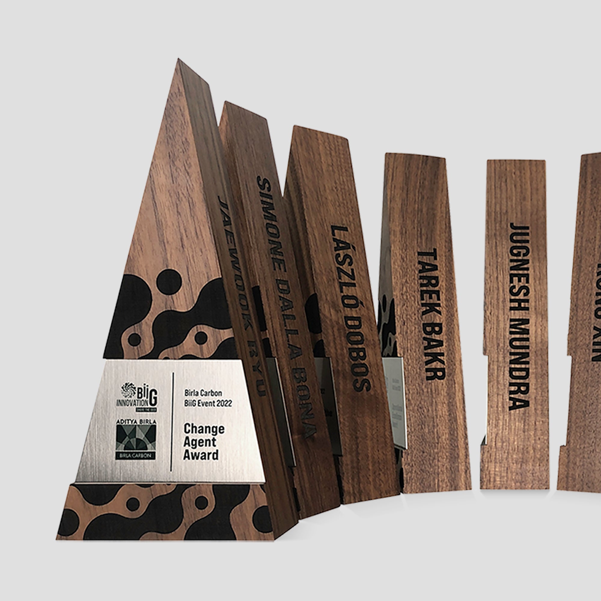 Figura Trigonum Award: Artisan-crafted wooden trophy featuring intricate engravings on the wood and metal nameplates, symbolizing growth and achievement. Ideal trophy design for employee recognition, client appreciation, and sales awards. 